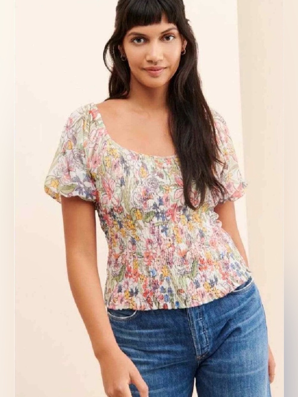 Anthropologie Aurelia Smocked Top Floral Cream Size S Balloon Sleeve Ruching